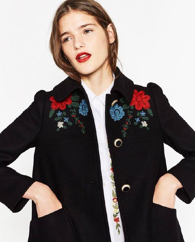 Чёрное пальто Zara с вышивкой, размер M 2