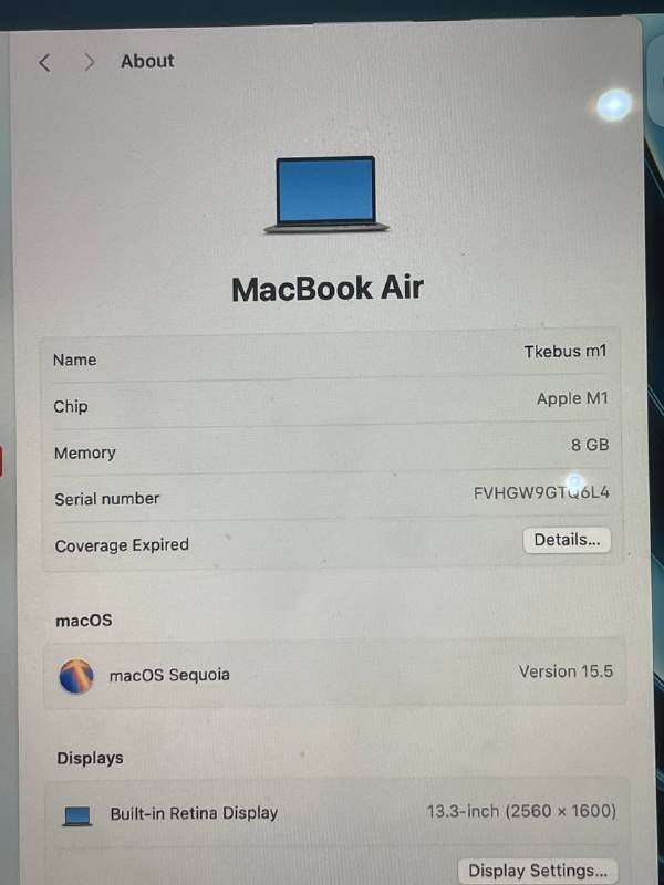 Macbook Air 2020 M1 8GB 86% battery 6