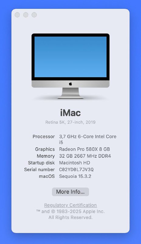 Mac 27 5K 2019, i5, 32GB DDR4, RADEON PRO 580 2