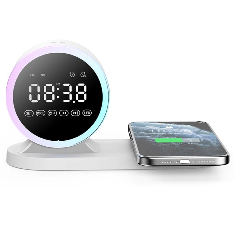 Bluetooth динамик будильник с беспроводной зарядкой 2