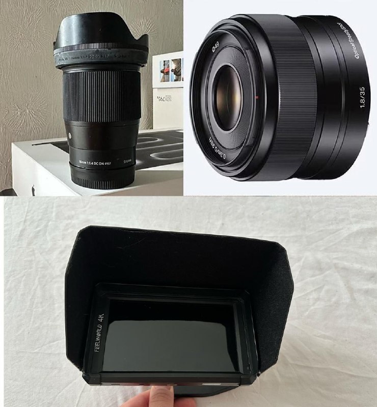 Объектив SONY E1.8/35 OSS, Объектив SIGMA E1.8/16 DC DN, Накамерный монитор FEELWORLD 4K 5.7