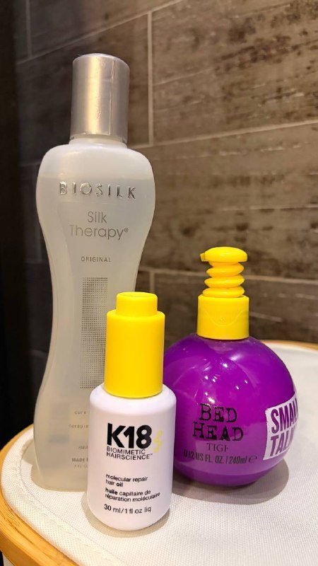 K18 hair oil, Bed head Small talk, Biosilk silk therapy