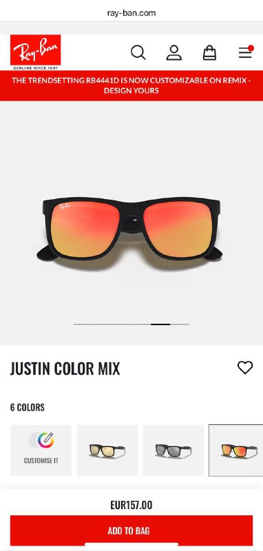 Очки Ray-Ban Justin Color Mix черные с красно-оранжевыми линзами