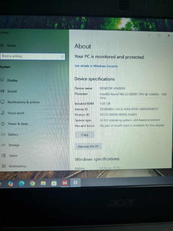 Ноутбук Acer 11 дюймов, 4Гб RAM, SSD 64Гб 6
