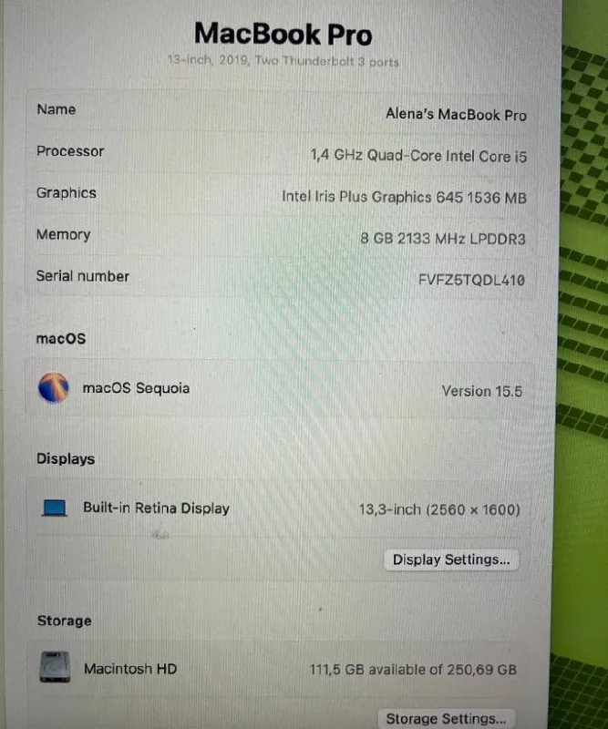 MacBook Pro 13” Touch Bar 2019 A2159