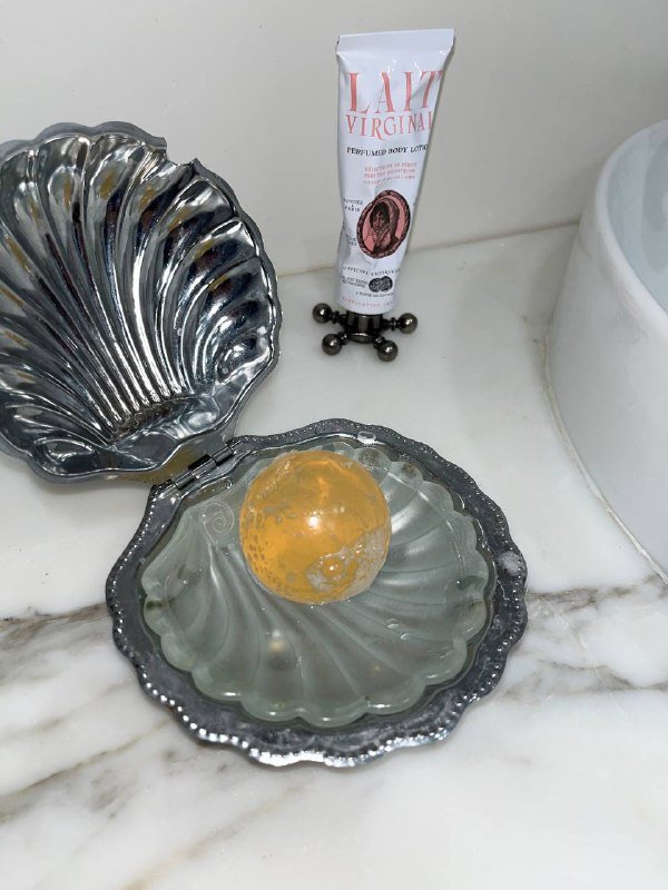 Винтажная икорница в виде ракушки металлическая со стеклом 3