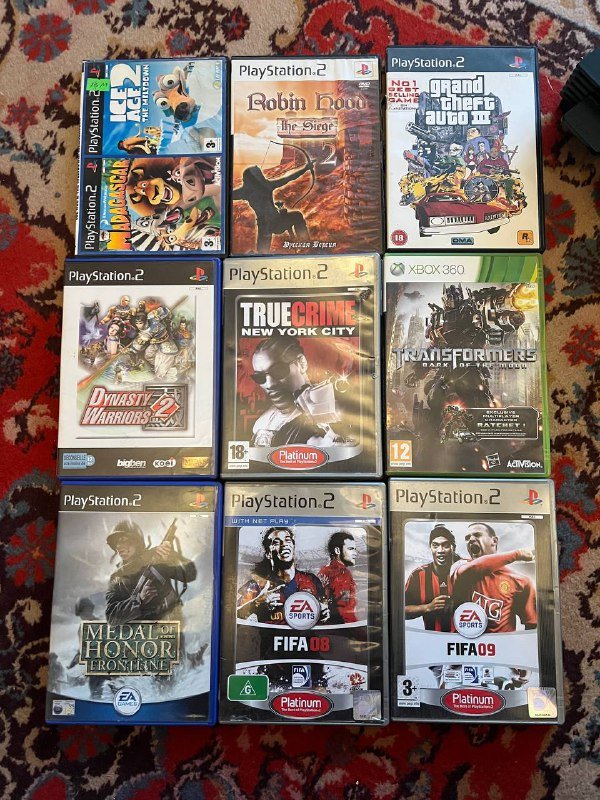 PlayStation 2, джойстики, наушники, 18 игровых дисков 5