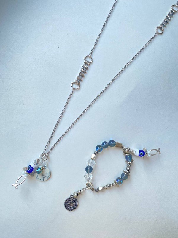 Колье-цепь, браслет со стеклянными бусинами