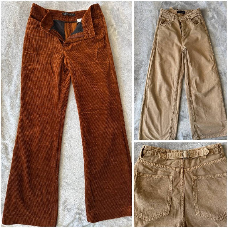 Брюки коричневые Zara, Джинсы бежевые Stradivarius, Мужской свитер пэчворк Zara, Мужские серые штаны Zara, Мужской свитер Zara, Свитшот Peanuts, Женская зимняя куртка Adidas