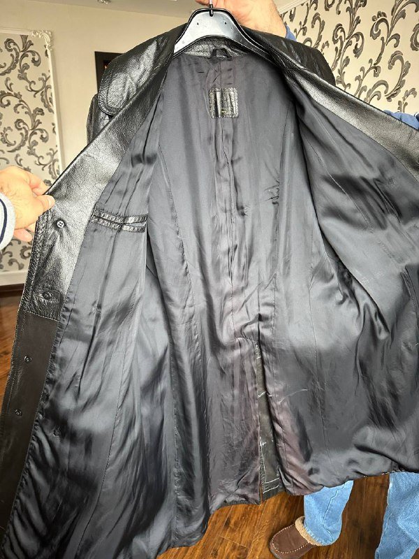 винтажный мужской кожаный плащ пальто черного цвета L XL 4