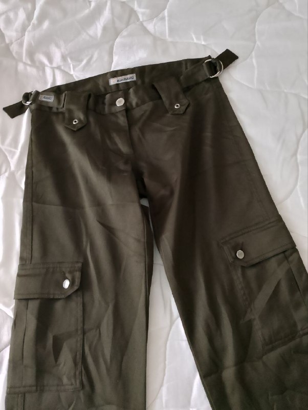 Красивые атласные брюки, цвет хакки, size 36/S 2