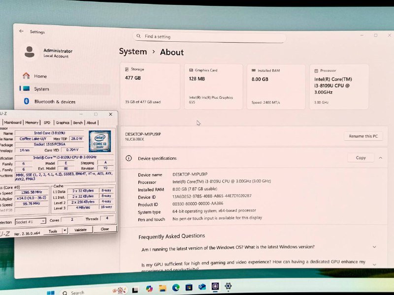 Мини-ПК Intel NUC8i3 i3-8109U 8GB RAM 500GB SSD 7
