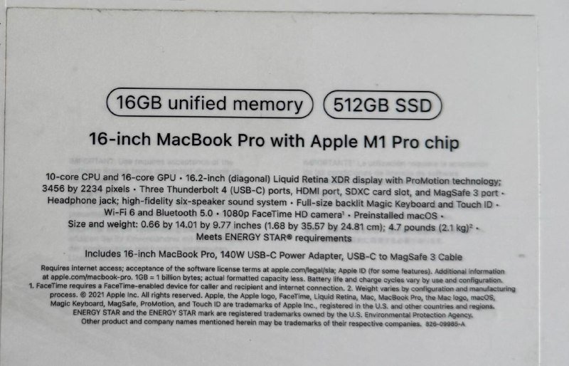 Macbook Pro 16" 2021 M1 Pro 512GB SSD 16GB 2