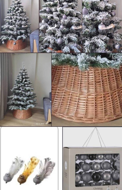 Елка с корзиной, игрушками и гирляндой