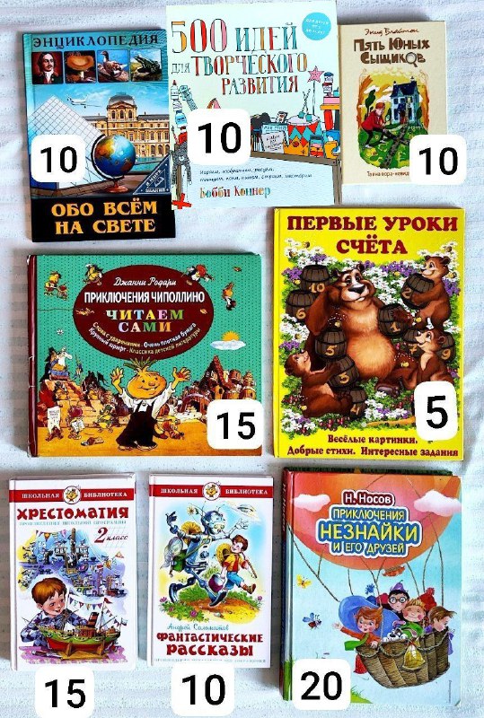 Первые уроки счета, Энциклопедия, 500 идей творческого развития, Пять юных сыщиков, Фантастические рассказы, Чиполлино, Хрестоматия, Приключения Незнайки