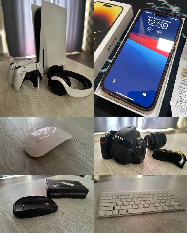 Playstation 5, Dualsense, Pulse 3D, Charging station, Apple Magic Mouse 2, Apple Keyboard, Magic Mouse case, iPhone 14 Pro Max, Nikon D3100, Deerma f600 humidifier, Water purification station
