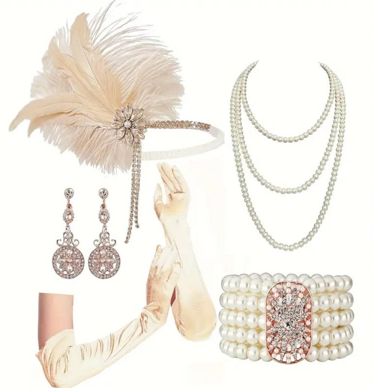 Платье с бахрамой, держатель для сигареты, украшения, перчатки, перья 3