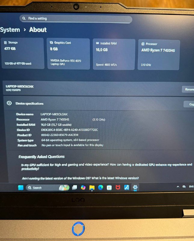 Lenovo LOQ 15 игровой ноутбук Ryzen 7 RTX 4070 16GB SSD 512GB 5